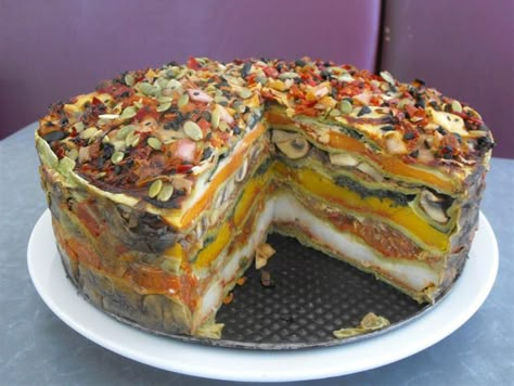 Savoury Cabinet Food, Cabinet Food Ideas Cafe, Stacked Food Ideas, Layered Vegetable Bake, Cafe Cabinet Food Ideas, Cafe Salads, Layered Recipes, Cafe Cabinet, Vegetable Torte