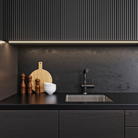 Black modern kitchen on Behance Black Kitchen Cabinets Minimalist, Contemporary Dark Kitchen, Black Kitchen Aesthetic Modern, Black Japandi Kitchen, Black Scandinavian Kitchen, Black Splashback Kitchen, Modern Kitchen Dark, Kitchen Aesthetic Ideas, Kitchen Ideas Modern Luxury Black