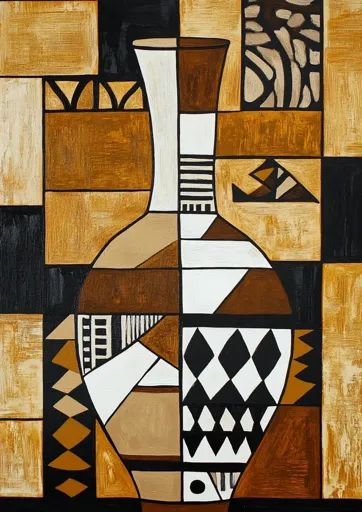 ↑↑↑ Larger size on website 🔸 The image is a stylized, geometric abstract painting of a vase. The vase is depicted in shades of br African Abstract Art, Geometric Abstract Painting, Pretty Nature Pictures, African Paintings, African Art Paintings, Shades Of Brown, Simple Colors, Geometric Abstract, Color Theory