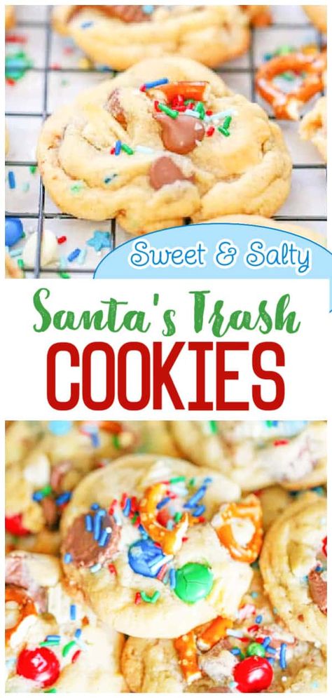 Santa's Christmas Trash Cookies - The Baking ChocolaTess Santa Trash Cookies, Trash Cookies, Best Vegan Cookie Recipe, Christmas Trash, Reese Cups, Best Vegan Cookies, Christmas Cookie Recipes Holiday, Salty Cookies, Triple Chocolate Cookies