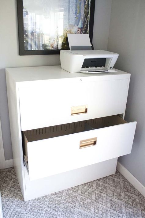 $20 File Cabinet Makeover                                                       … Filing Cabinet And Bookshelf, Small Office Filing Cabinet, File Cabinet Shelf, White And Gold File Cabinet, Painted File Cabinet Ideas, Small File Cabinet Ideas, Home Office Filing Cabinet Ideas, File Cabinet Alternative Ideas, Lateral File Cabinet Makeover