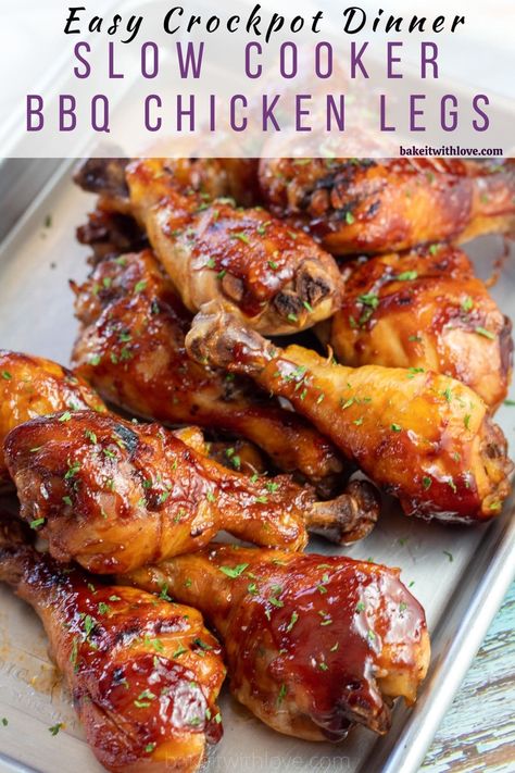 These indulgent slow cooker chicken drumsticks are slathered in a delicious BBQ sauce and they are practically effortless to make! So, toss some drumsticks in your crockpot and enjoy an incredibly easy BBQ chicken dinner! BakeItWithLove.com #bakeitwithlove #slowcooker #crockpot #chickendrumsticks #chicken Bbq Chicken Legs Crockpot, Drummies Recipes, Slow Cooker Chicken Drumsticks, Crockpot Chicken Leg Recipes, Bbq Chicken Dinner, Hot Wing Recipe, Cottagecore Recipes, Bbq Chicken Legs, Slow Cooker Bbq Chicken