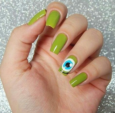 Monster Inc Nails Design, Mike Wazowski Nails, Mike Wazowski Halloween Costume, Monster Inc Nails, Mike Wazowski Costume, Sully Monsters Inc, Character Nails, Toes Nails, Mike And Sully