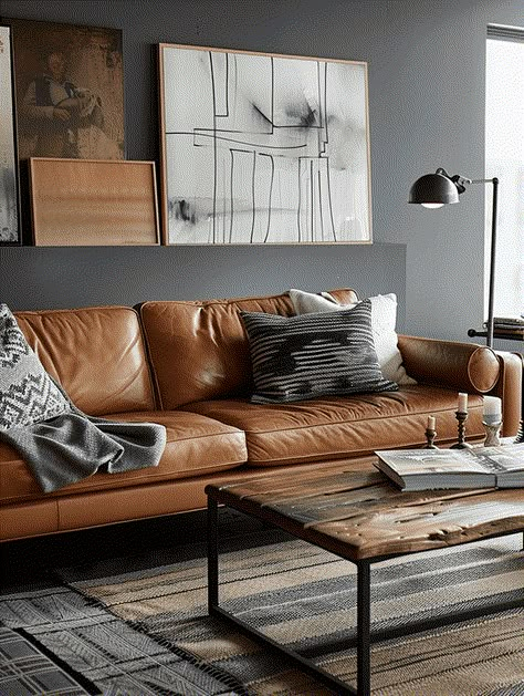 Does The Color Grey Go With Brown Furniture? Cognac And Grey Living Room, Gray And Cognac Living Room, Cognac And Gray Living Room, Brown And Grey Living Room Ideas, Gray And Camel Living Room, Living Room Grey And Brown, Grey And Camel Living Room, Grey And Tan Living Room Ideas, Grey Wall Living Room