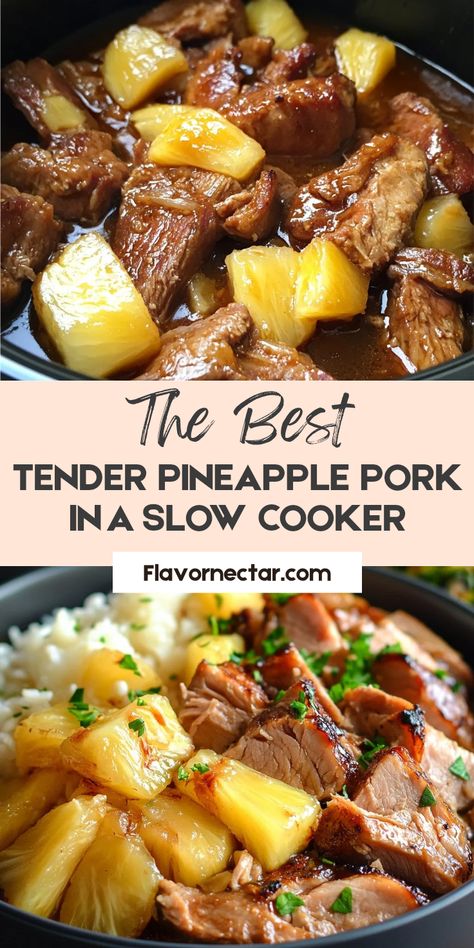 Slow Cooker Pineapple Pork Recipe displayed on a plate. This Pin highlights the appetizing dish using two enticing images, portraying the juicy pineapple pork that’s easy to make in a slow cooker. Pork Roast Healthy Recipes, Pineapple Pork Chop Recipes, What Can I Make With Pork Loin, Pork And Pineapple Recipes Slow Cooker, Slow Cooker Chinese Pork, Pineapple Pork Chops Crock Pot, Pineapple Sauce For Pork, Pork Tips Recipe Slow Cooker, Gluten Free Pork Recipes