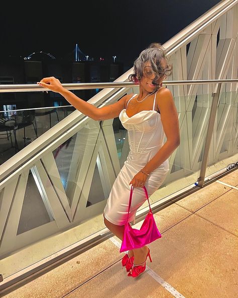 Red Pink Satin Dress, White Dress With Pink Heels, White Dress Pink Heels, White Satin Evening Heels, Pink Satin Open Toe Heels, White Satin Kitten Heels, Hot Pink Satin Slip Dress, White Satin Dress, Class Reunion