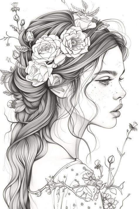 Beautiful Woman with Flowers Coloring Page funnycoloringpages #freethankfulnesscoloringprintable. Magical Coloring Pages, Intricate Illustration, People Coloring Pages, Woman With Flowers, Flowers Coloring, Coloring Pages Free Printable, Spooky Tattoos, Free Adult Coloring Pages, Printable Adult Coloring Pages