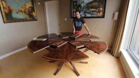 A Clever Circular Table That Expands to Twice Its Size With a Simple Turn of the Tabletop Circular Dining Room Table, Expanding Round Table, Expandable Dining Room Table, Expandable Round Dining Table, Circular Dining Room, Round Farmhouse Table, Dining Table With Leaf, Expandable Table, Round Pedestal Dining