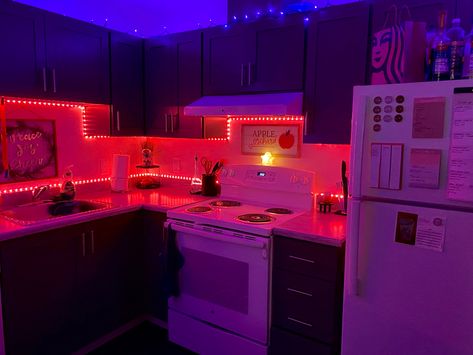 Vibey Apartment Kitchen, Taurus Bedroom, Maximalist Studio, Cheap Apartment Ideas, Led Lights Kitchen, Neon Apartment, House With Led Lights, Uni Apartment, University Bedroom