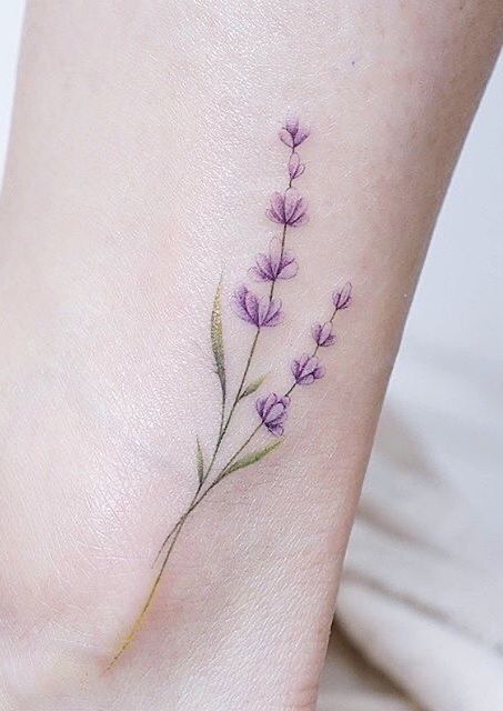 Minimal Flower Tattoo, Ankle Tattoo Ideas, Ankle Tat, Animal Tattoo Ideas, Lavender Tattoo, Bottle Tattoo, Ankle Tattoos, Anklet Tattoos, Petite Tattoos