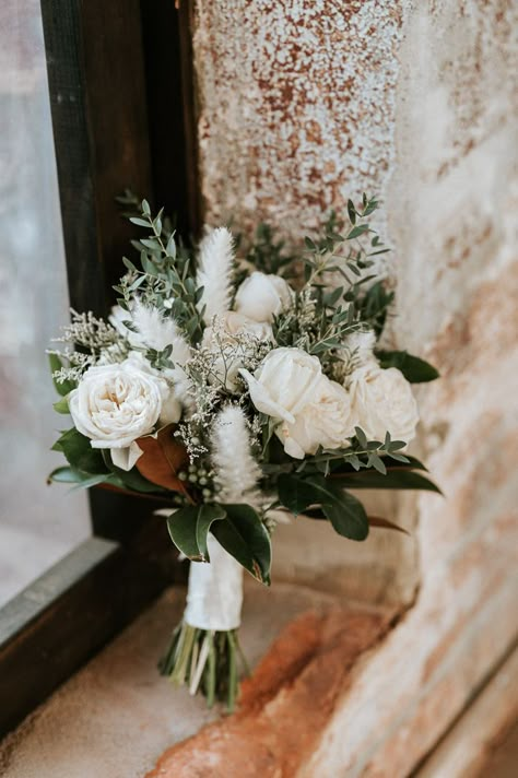 Bridal bouquet of white florals with a mix of greenery l Image by Christian Reyes Photography Cotton Mill Wedding, Providence Cotton Mill, Simple Wedding Bouquets, Greenery Wedding Bouquet, Green Wedding Bouquet, White Flower Bouquet, Green Wedding Flowers, Cotton Mill, Greenery Bouquet