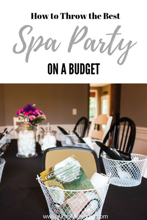 How to throw a spa party on a budget. Tips to make this a party she will remember. #spaparty #birthdaypartyideas #facemask #partyideas #girlsbirthdaypartyidea Home Facial Party, At Home Spa Day Party, Spa Themed Birthday Party For Adults, Pamper Party For Women Spa Night, Ladies Pamper Party Ideas, Makeup Party Activities, Spa Night Party Adults, Spa Party Diy, Spa Day Decor Party Ideas