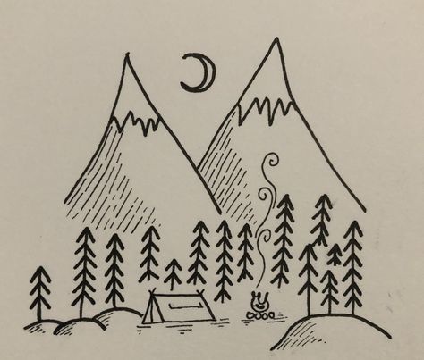 Travel drawing by Imo Lee Tree, tent, fire, bonfire, flames, fire pit, smoke, moon, stars, night, forest, mountain, mountains, snow, woods, hills, landscape, simple, cute, aesthetic, black and white, pen, drawing, art, minimalist, travel, travel drawing Travel Drawing Simple, Mountain Drawing Simple, Snow Woods, Tent Drawing, Landscape Simple, White Board Drawings, Sailboat Drawing, Hills Landscape, Whiteboard Art