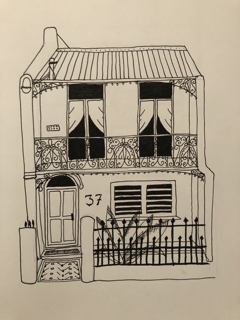 Ink pen drawing of terrace house Melbourne Drawing, Terrace Drawing, Cafe Drawings, Book Doodles, House Doodle, House Silhouette, Victorian Terrace House, House Light, Melbourne House