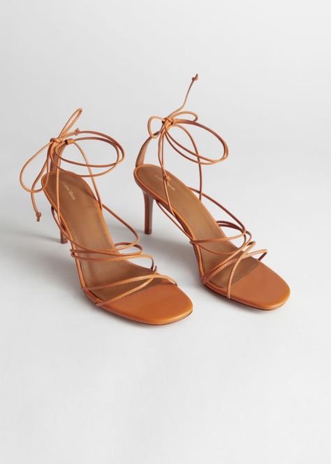 & Other Stories Strappy Lace Up Leather Heeled Sandals Leather Stilettos, Hak Tinggi, Ankle Strap Chunky Heels, Mode Shoes, Orange Heels, Heel Accessories, Prom Heels, Sandals Outfit, Studded Heels