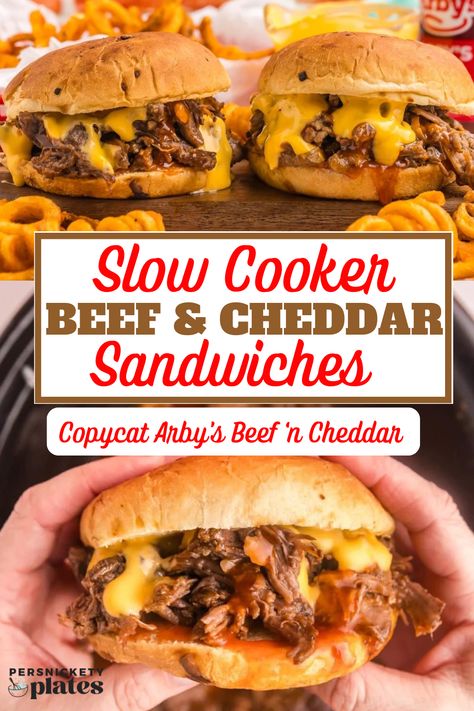 Love Arby’s Beef ‘n Cheddar? Make this delicious sandwich at home! Tender chuck roast slow-cooked to perfection, smothered in Arby’s sauce, and topped with cheddar cheese sauce on an onion roll. Simple, budget-friendly, and better than takeout! Recipes For Beef Roast, Pot Roast Sandwich Recipes, Slow Cooker Sandwiches, Beef And Cheddar Sandwich, Copycat Beef And Cheddar, Slow Cooker Roast Beef Sandwiches, Crockpot Sandwich Recipes, Open Faced Roast Beef Sandwich Crockpot, Copy Cat Arbys Beef N Cheddar