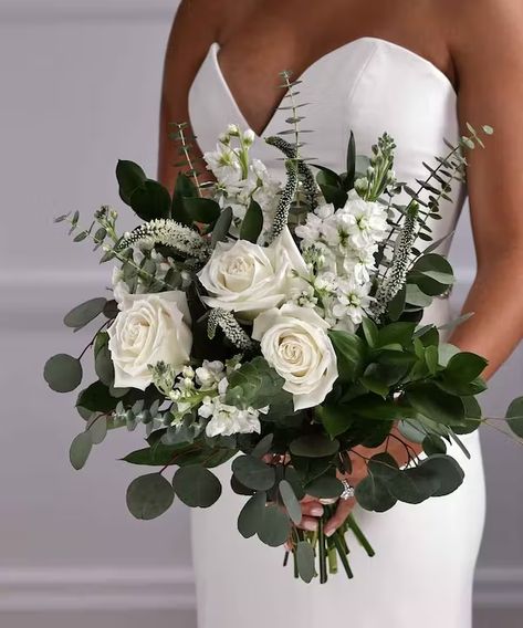 Bridal Bouquet - Loose white garden hand-tied bouquet by Carithers Flowers Atlanta Wedding Bouquet Flowers Types, Olive Green Flower Bouquet, White Green And Silver Wedding, Single White Flower Bouquet, Flower Bouquet Wedding White, Wedding Flower Arrangements Green, Types Of Flowers For Wedding Bouquet, Eucalyptus Flower Bouquet, White Wedding Bouquets With Greenery And Pampas