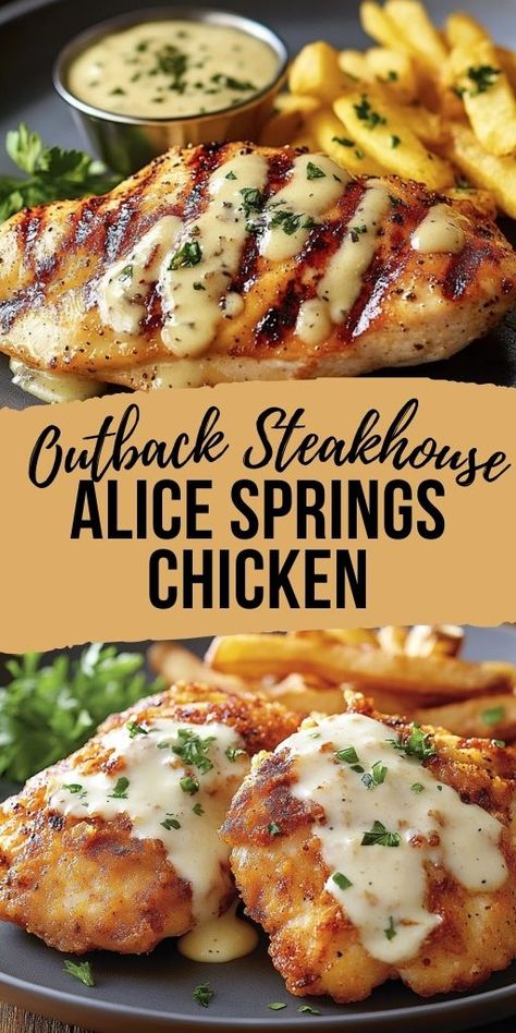 Love restaurant-style meals? 🍴 This Alice Springs Chicken recipe brings Outback Steakhouse right to your kitchen! 🏡 Made with tender chicken breasts, a sweet and tangy honey mustard glaze, crispy bacon, and melted cheese—it’s a dish you’ll want to make over and over. 🧡 Try this easy-to-follow recipe today and wow your family with bold flavors! 🌟 #RestaurantCopycat #QuickRecipes #ChickenDishes #BaconLovers #WeeknightMeals 🥓 Outback Steakhouse Chicken, Unique Chicken Recipes Dinners, Chicken Breast Boneless Recipes, Chicken And Pork Recipes, Boneless Chicken Breast Recipe, Chicken Breast Strips Recipes, Creative Chicken Recipes, Outback Steakhouse Alice Springs Chicken, Alice Springs Chicken Recipe