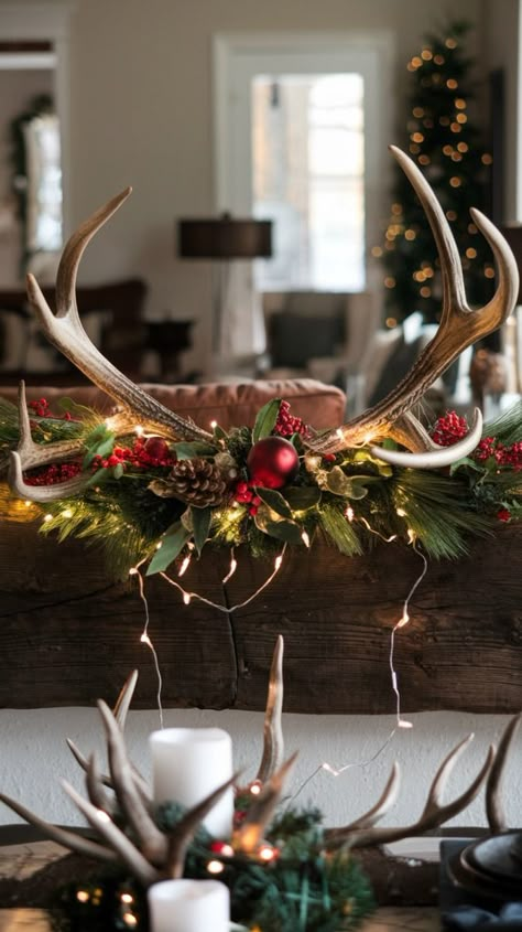 Warm up your interiors with rustic christmas decorations home ideas that incorporate wood, plaid fabrics, and vintage finds for a charming country vibe. Hunting Lodge Christmas Decor, Antlers Christmas Decor, How To Decorate With Antlers, Stag Christmas Decorations, Country Christmas Centerpieces, Deer Antler Christmas Decor, Cabin Christmas Decor Rustic, Simple Rustic Christmas Decor, Christmas Ladder Decor