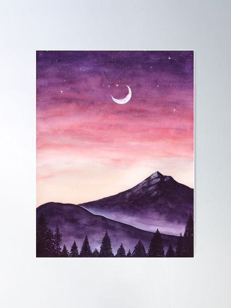 "pink purple sky summery night" Poster by Jsora | Redbubble Night Sky Landscape Painting, Pink Sky Painting Easy, Pink Sky Drawing, Purple Night Sky Painting, Pastel Colour Drawing Ideas, Purple Sky Painting, Purple Sunset Painting, Pink Sky Painting, Watercolor Painting Easy