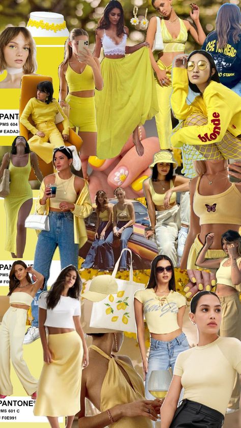 Lemon Aesthetic Outfit, Yellow Pastel Outfit, Lemon Outfit, Yellow Dress Outfit, Pastel Outfit, Outfit Collage, Yellow Outfit, Work Week, Themed Outfits