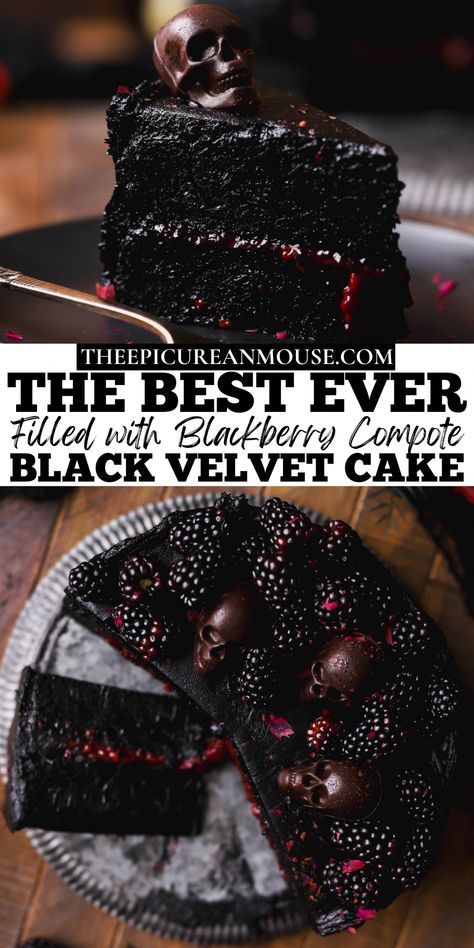 This black velvet halloween cake is perfect for spooky season. Its natural black color comes from using black cocoa powder. There is ZERO food dye in this cake! To compliment the robust chocolate flavor, I pair it with a fruity blackberry compote filling. #DecadentChocolateDelights Black Cocoa Cake, Black Velvet Cake, Black Velvet Cakes, Black Cocoa Powder, Casserole With Bacon, Blackberry Compote, Velvet Cakes, Black Cocoa, Cocoa Cake