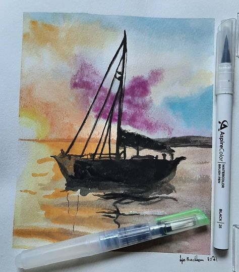 Sailing at sunset by @tyee_beckham with AspireColor Watercolor Brush Pens & Paper ⛵ Tyee says: I've never used watercolor brush pens before but they may just be one of my new favorite mediums. I would literally recommend these to anyone artist or not 🎨 Follow @aspirecolor to see more artwork created with our products which are available for purchase on Amazon.com 💫 #aspirecolor #watercolorartist #watercolor_art #watercolordrawing #watercolorartwork #brushpens #art_dailydose Brushpens Art, Watercolor Brush Pens, Water Brush Pen, Brush Pen Art, Watercolor Brush Pen, Water Brush, Doodle Coloring, Watercolor Brush, Ink Artwork