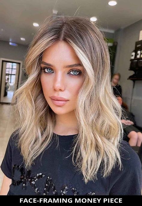 Hair With Money Piece, Hair References, Tan Skin Blonde Hair, Ombre Hair Blonde, Money Piece, Wavy Haircuts, Dirty Blonde Hair, Blonde Hair Inspiration, Blonde Hair Looks