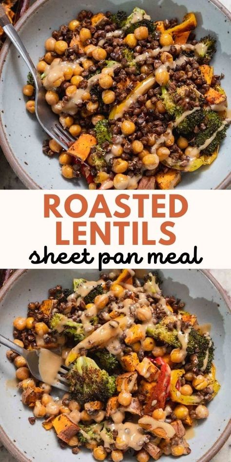 Roasted lentils and chickpeas are served with roasted vegetables, sweet potato, and a simple maple tahini drizzle in this high-protein vegetarian sheet pan dinner. This recipe works with canned lentils or lentils cooked from dry!