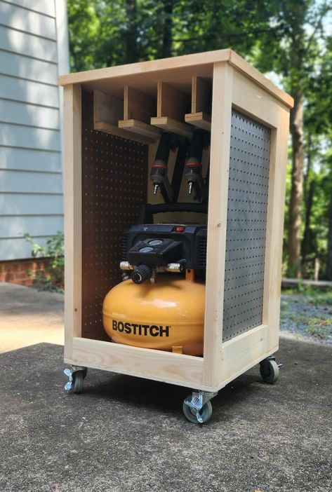 Air Tool Storage, Air Compressor Storage, Air Compressor Cart, Wood Working Ideas, Truck Tool Box Organization, Workshop Ideas, Octagon Picnic Table Plans, Garage Storage Inspiration, Garage Workshop Organization