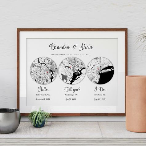 Printable Heart Map Hello Will You I Do Sign Three Heart - Etsy Ukraine Relationship Dates, Map Heart Art, Diy Photo Book, Heart Map, Heart Printable, Printable Maps, First Anniversary Gifts, Watercolor Map, Anniversary Gifts For Couples