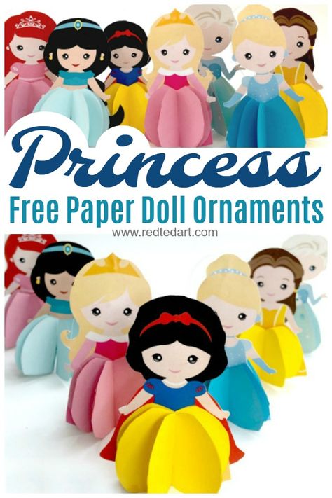 Paper Princess Doll Ornaments - a great 3d Paper Doll or hang these into your Christmas tree as a Princess Christmas Ornament. Free Printable Disney Princess Crafts, Disney Crafts For Kids, Origami Card, Paper Princess, Disney Paper Dolls, Princess Paper Dolls, Disney Inspiration, Princess Christmas, Princess Crafts