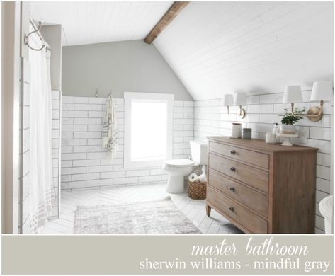 Paint Colors around our Home Mindful Gray Bathroom, Sherwin Williams Paint Gray, Mindful Gray Sherwin Williams, Country Bathroom Designs, Sherwin Williams Gray, Farmhouse Bathroom Design, French Country Bathroom, Mindful Gray, Gray Bathroom