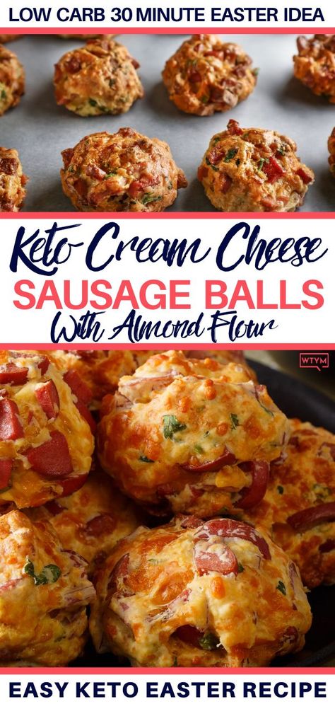 Your new favorite low carb sausage ball recipe with almond flour & cream cheese! These keto sausage balls make the best appetizers for game day or the holidays! I love to make them ahead for breakfast, too! With only 1.4 net carbs each these keto sausage balls are keto comfort food perfect for Easter snacking! Healthy Fingerfood, Sausage Ball Recipe, Keto Apps, Keto Sausage Balls, Low Carb Sausage, Cheese Sausage Balls, Recipe With Almond Flour, Cream Cheese Sausage, Sausage Ball