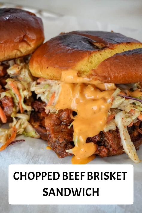 This brisket sandwich has tender chunks of chopped beef caramelized with BBQ sauce and slathered between buttery toasted buns. Smoked Brisket Sandwich, Chopped Brisket Sandwiches, Beef Brisket Sandwich Recipes, Brisket Sandwiches Ideas, Bbq Brisket Sandwich, Brisket Sandwich Recipe, Brisket Sliders, Chopped Sandwich, Brisket Sandwiches