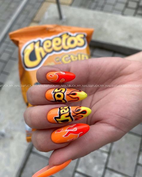 Cheeto Nails, Cheetos Nails, Hot Cheetos, Frito Lay, One Color Nails, New Year's Nails, Rhinestone Nails, Mani Pedi, Black Nails