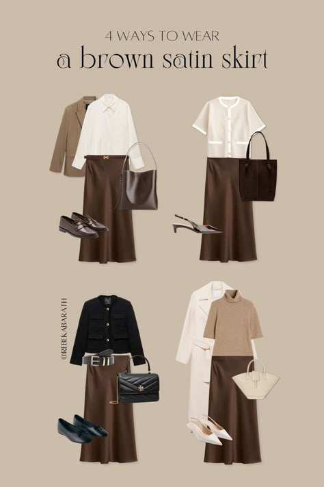 Light Brown Skirt Outfit Aesthetic, Brwon Skirt, Chocolate Silk Skirt Outfit, Silk Brown Skirt Outfit, Brown Satin Midi Skirt Outfit, Brown Satin Outfit, How To Style Brown Sweater, Satin Brown Skirt Outfit, How To Style Brown Skirt