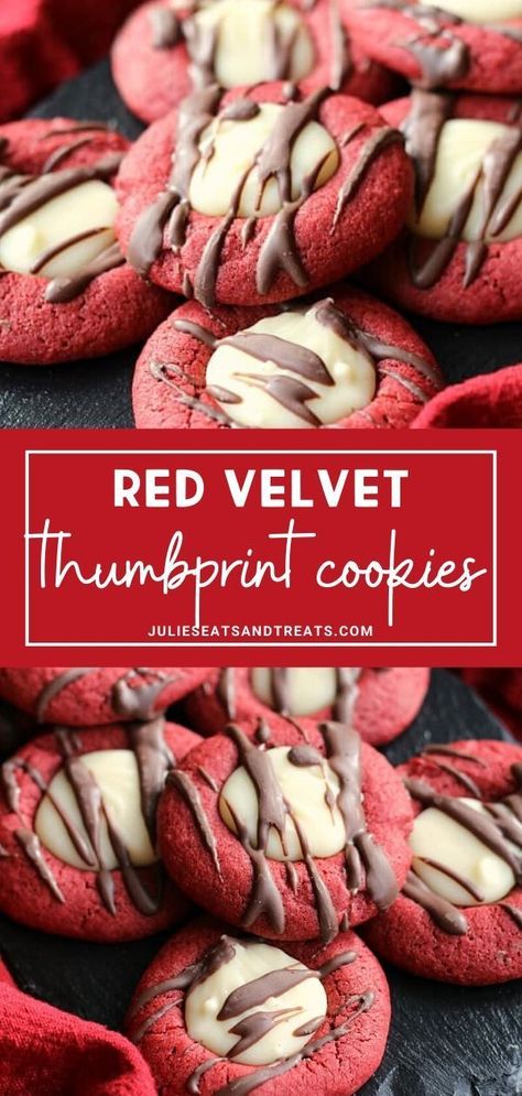 Cookies For Cookie Exchange, Thumbprint Cookies Christmas, Thumbprint Cookies With Icing, Best Thumbprint Cookies, Velvet Fudge, Cookies Thumbprint, Red Velvet Fudge, Chocolate Thumbprint Cookies, Red Velvet Recipes