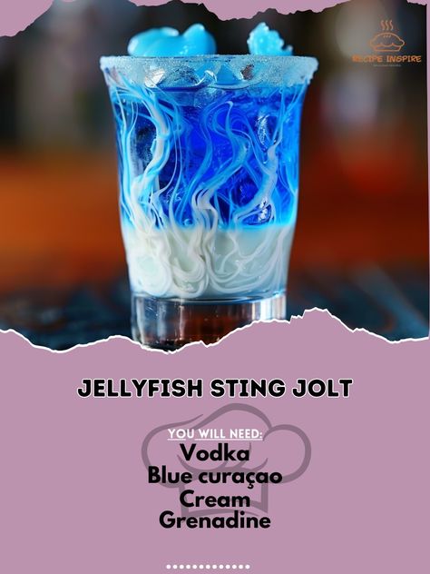 🐙 Feel the zing with Jellyfish Sting Jolt! A shockingly delicious shot! ⚡🥃 #JellyfishSting #ShockinglyGood Jellyfish Sting Jolt Ingredients: Vodka (1 oz) Blue curaçao (0.5 oz) Cream (0.25 oz) Grenadine (a drop) Ice Instructions: Layer vodka and blue curaçao in a shot glass. Top with cream and a drop of grenadine. ⚡ Enjoy the layered burst of flavors! Perfect for a jolt of fun! 🌊🎉 #LayeredShots #PartyTime Underwater Cocktails, Blue Jello Shots, Custom Drinks, Bartender Drinks Recipes, Jellyfish Sting, Fun Drinks Alcohol, Bartender Drinks, Pretty Alcoholic Drinks, Alcholic Drinks