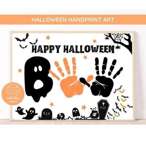 Halloween Handprint Craft | BOO Halloween Activity | October Craft Classroom Activity | Halloween Classroom Decor | Preschool Halloween Art Preschool Halloween Art, Classroom Decor Preschool, Halloween Classroom Decor, Halloween Handprint Crafts, Handprint Calendar, Halloween Handprint, Halloween Crafts For Toddlers, Halloween Kunst, October Crafts