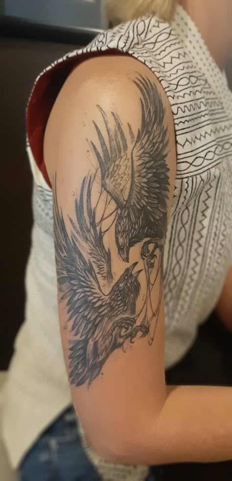 Odens Raven Tattoo, Raven Phoenix Tattoo, Viking Arm Tattoos For Women, Raven Forearm Tattoo For Women, Black And White Raven Tattoo, Raven Tattoo Upper Arm, Odin Ravens Tattoo, Huginn Muninn Tattoo, 2 Ravens Tattoo