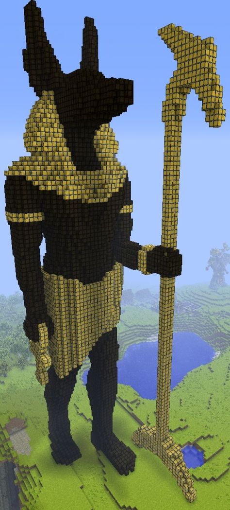 Minecraft Trident Statue, Minecraft Egyptian Builds, Egyptian Minecraft, Minecraft Ancient Egypt, Minecraft Egyptian Statues, Minecraft Nether Statue, Minecraft Anubis Statue, Cat Haircut, Anubis Statue