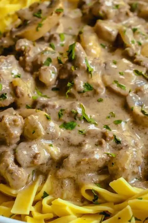 Stroganoff In Crockpot, Beef Stroganoff In Crockpot, Beef Stroganoff With Ground Beef, Stroganoff With Ground Beef, Ground Beef Cream Cheese, Cheese Peas, Easy Ground Beef Stroganoff, Easy Beef Stroganoff, Beef Stroganoff Easy