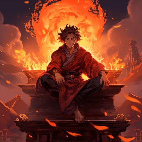 Fire is his affinity, and he burns with a passion to conquer his past and future and an undeniable will. Fire Monk Dnd, Fire God Art Male, Fire Mage Character Design, Fire Mage Art, Lava Oc, Fire Character Design Male, Fire Oc Male, Fire Druid, Lava People