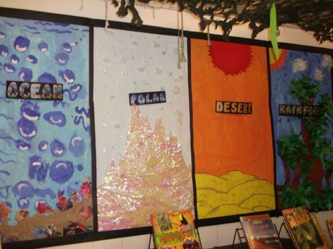 Year 3 world geography study (habitats) world map / continent / climate classroom display. Classroom Habitat Displays, Biomes Classroom Display, Polar Animals Preschool, Geography Classroom, Science Display, Reception Classroom, School Display, Easter Lessons, Classroom Decor High School