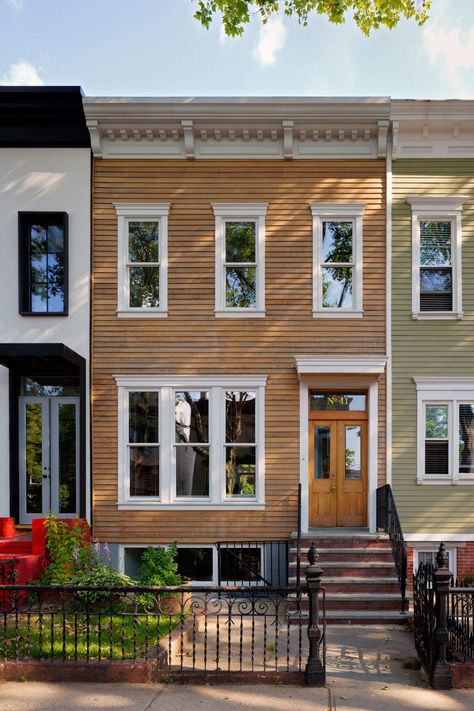 A Brooklyn Row House Gets a Modern Update, But Keeps the Historic Charm Row Home Exterior, Renovated Townhouse, Scandinavian Exterior Design, Row House Design, Row Home, Home Exterior Design, Townhouse Exterior, Interior Design Programs, Cedar Siding