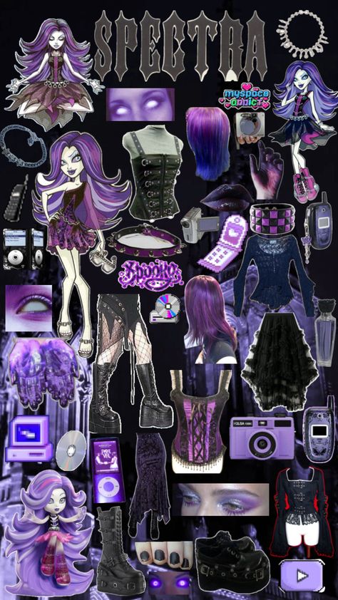 gossip ghost girl spectra vondergeist from monster high aesthetic and fashion collage Rock Band Costumes, Monster High Aesthetic Outfit, Draculaura Costume, Monster High Aesthetic, Monster High Halloween Costumes, Monster High Halloween, Monster High Cosplay, Spectra Vondergeist, Monster High Costume