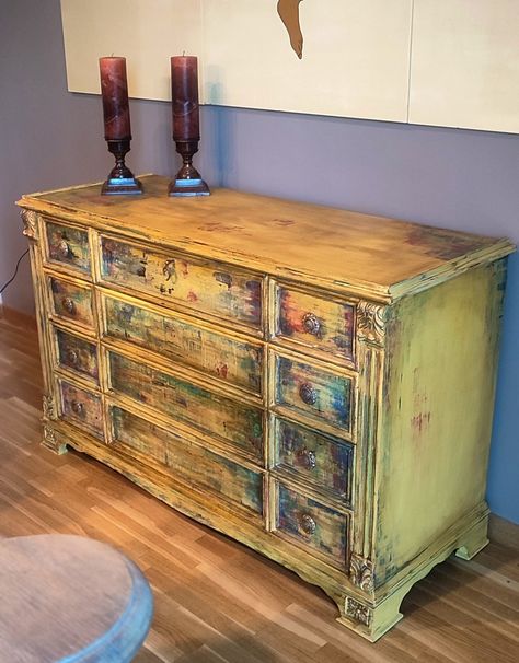 Yellow Painted Furniture Ideas, Yellow Chalk Paint Furniture, Dresser Paint, Dresser Upcycle, Yellow Painted Furniture, Yellow Chalk Paint, Distressing Furniture, Annie Sloan Painted Furniture, Blue Bedrooms