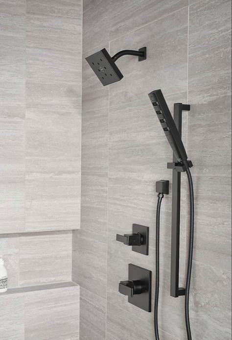 Delta Faucet Ara 3-Setting Matte Black Shower System Including Black Shower Head, Slide Bar Handh... Delta Shower System With Handheld, Matte Black Shower Fixtures, Black Shower Fixtures, Black Shower System, Shower System With Handheld, Black Shower Faucet, Master Bath Shower, Full Bathroom Remodel, Shower Diverter