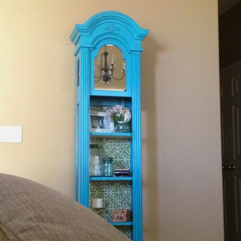 Grandfather clock to shelf conversion. Paint Grandfather Clock Ideas, Grandfather Clock Redo, Refinished Grandfather Clock, Chalk Paint Grandfather Clock, Repurposed Grandfather Clock, Old China Cabinet, Grand Father Clock, Altered Clocks, Grandfather's Clock